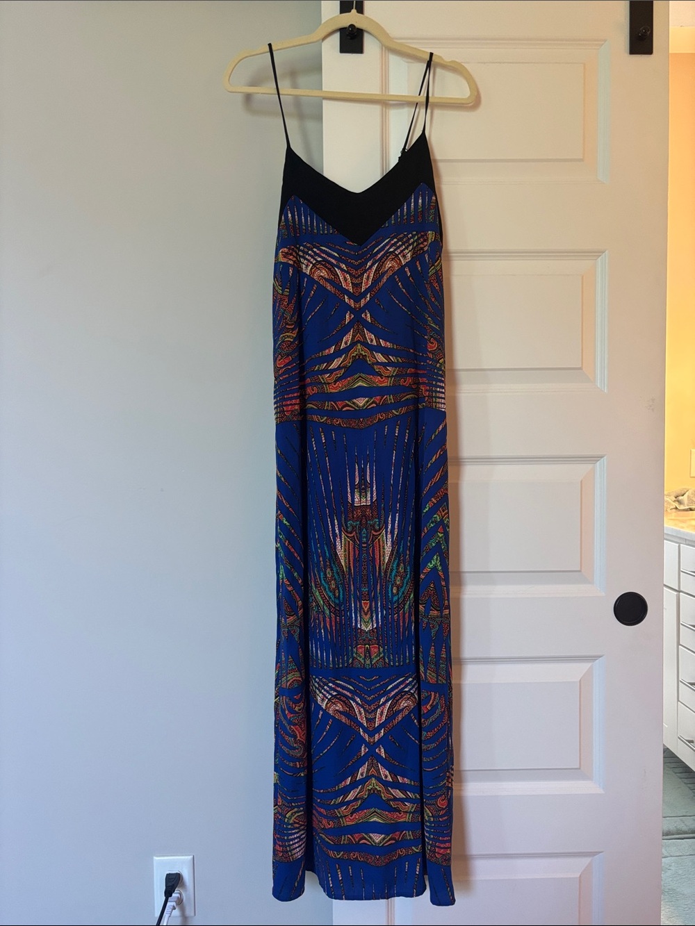MARBLE Blue Printed Maxi Slip Dress with Black V Bodice